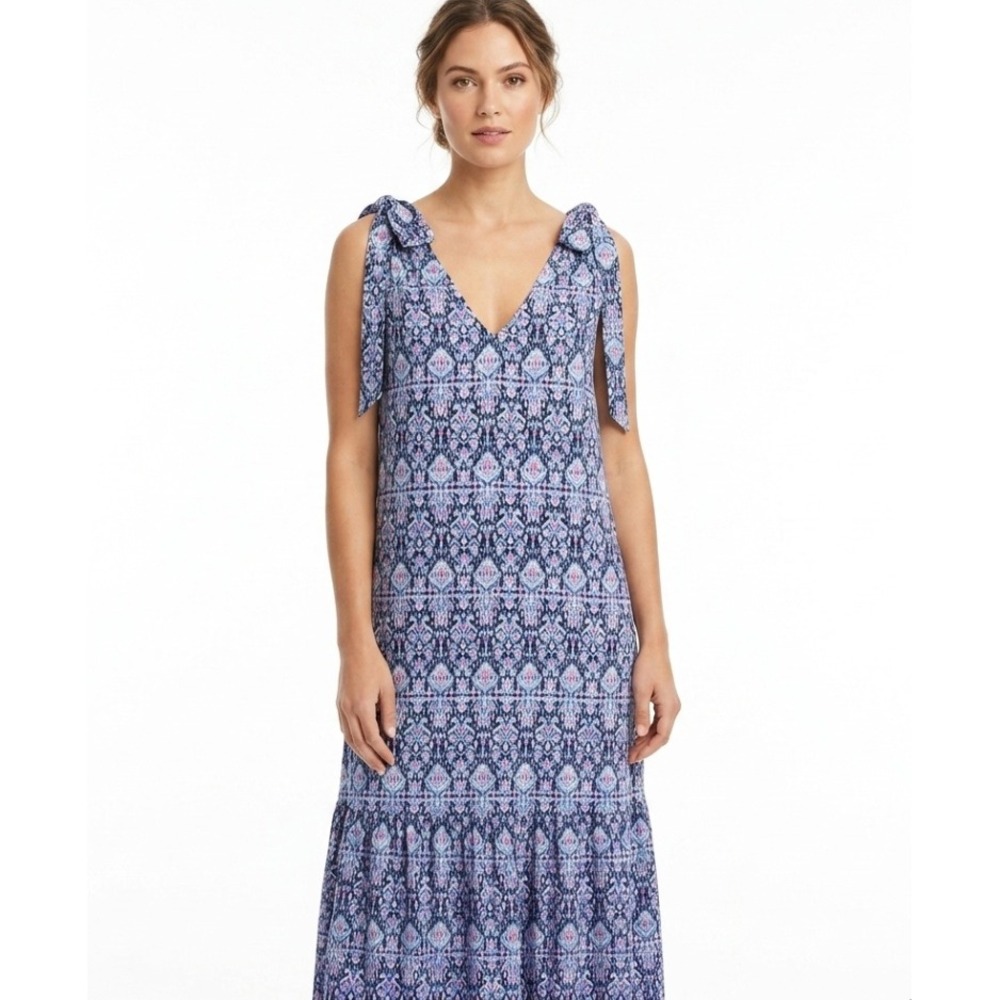Banana Republic Drop Waist Dress Womens L Blue Positano Ikat Tie Shoulder 688844